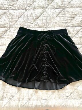 Hot Topic Black Velvet A-Line Skirt with Front Lace-Up